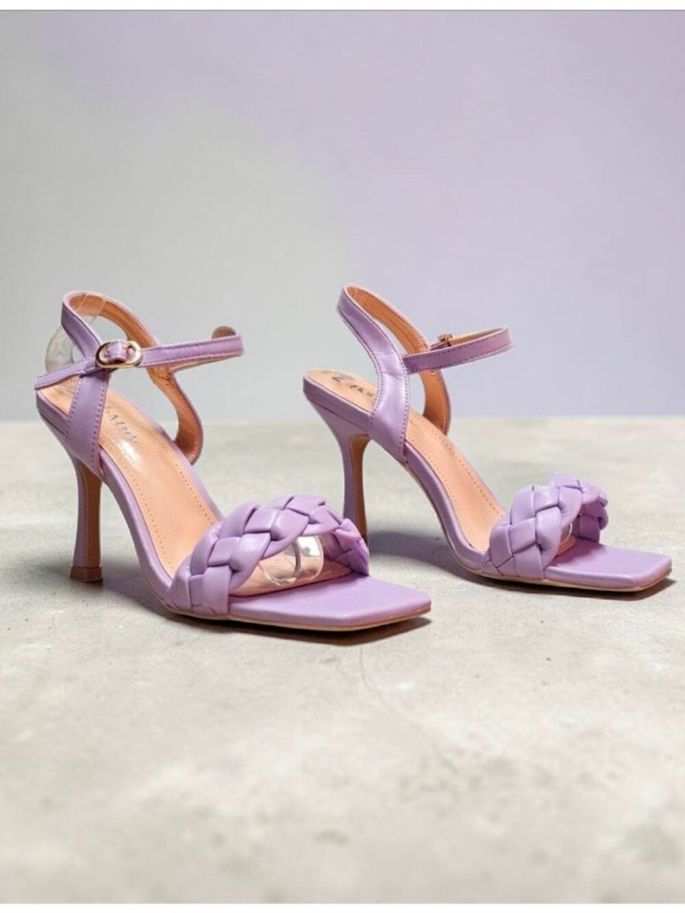 Braided Strap Purple High Heels With Ankle Strap & Square Toe Design